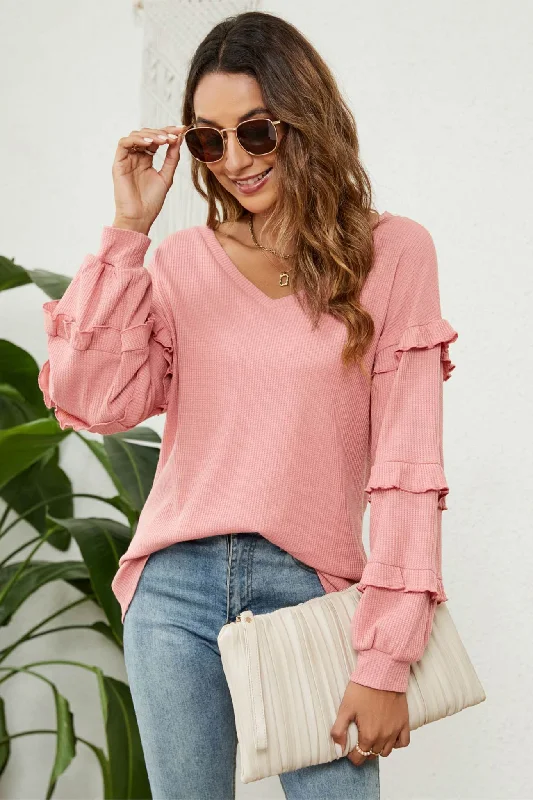 Style Without Limits Puff Sleeve Ruffled Waffle Tops