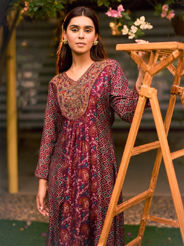 Elegant Style Dilshad Wine Long Printed Kurta for Women