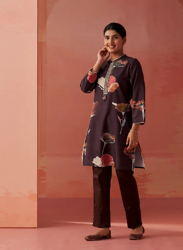 Valentine's Special Sameen Chocolate Brown Printed Cotton Linen Kurti