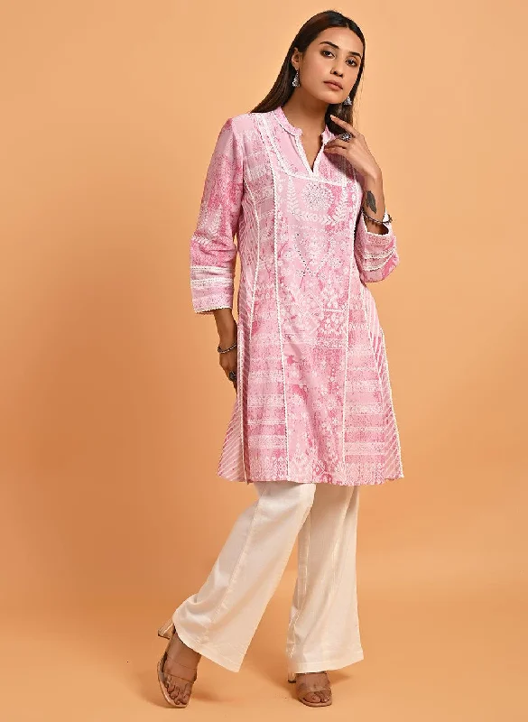 End Of Season Sale Pink Printed Short Kurti for Women with Lace Detailing