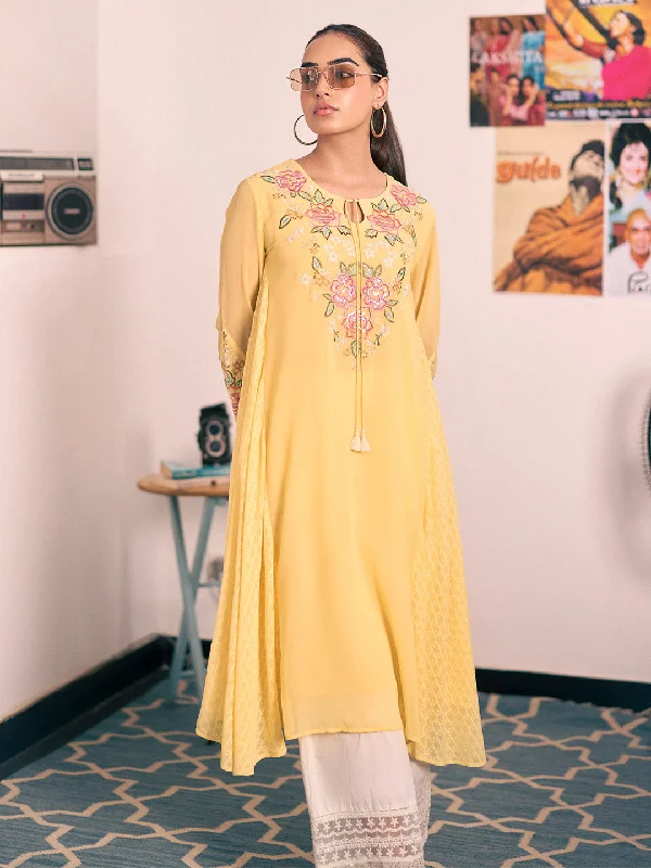 Step Ahead, Lead The Trend Firdaus Lemon Embroidered Georgette Designer Long Kurta for Women