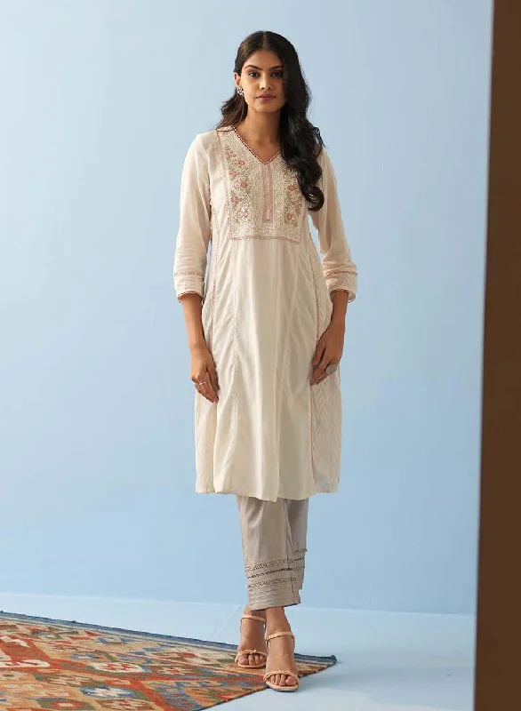 Style Revolution Ivory Long Flared Embroidered A-line Kurta