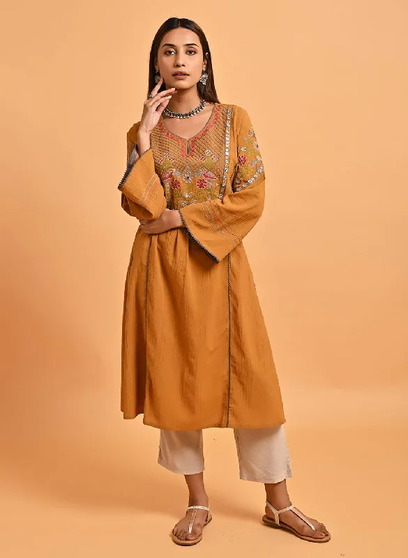 Seasonal Fashion Spicy Mustard Embroidered A-Line Long Kurta