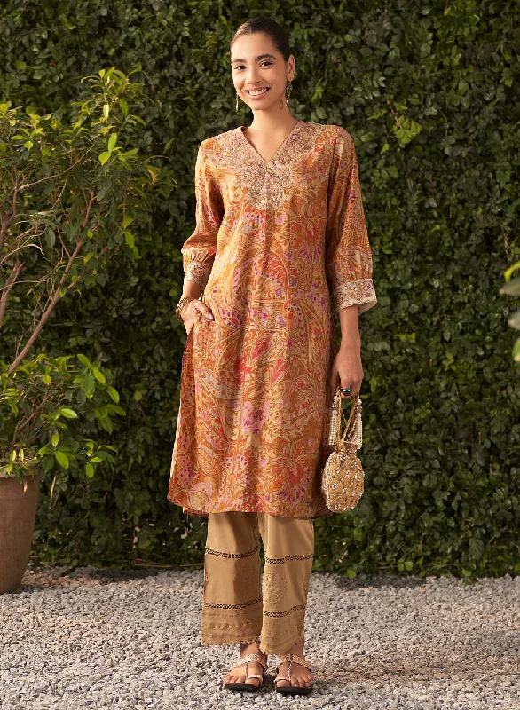 Hot Sale Ivana Mustard Printed Modal Chanderi Straight Kurta for Women