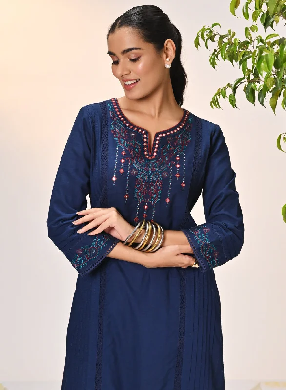 Comfortable Chic Zayna Navy Blue Embroidered Cotton Linen Designer Kurta for Women