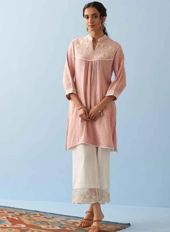 The Latest Trends Pink Embroidered Thigh Length Crinkled Kurti