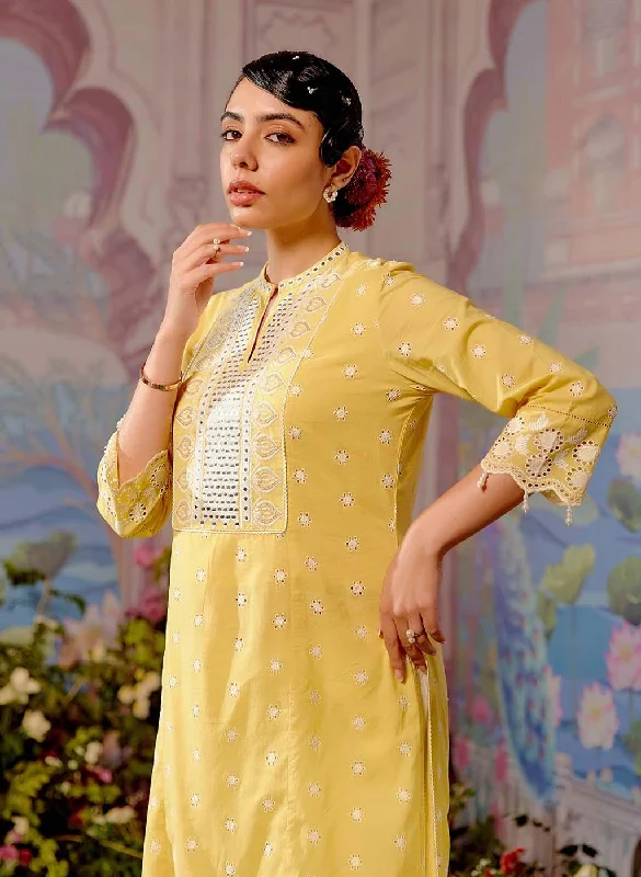 Boutique Styles Mustard Schiffli Embroidery Kurta with Mirror Work