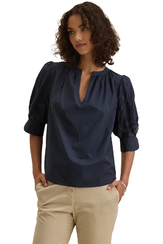 Catch Every Fashion Trend Velvet Laria Sunflower Embroidered Top in Navy