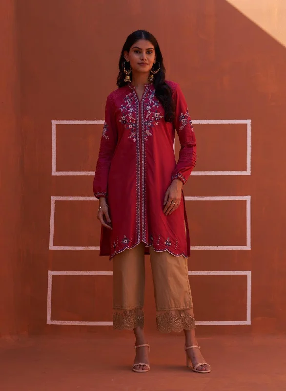 Spring Fashion Pink Embroidered Kurta for Women with Puffed Sleeves