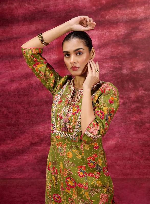 Save Big Meher Olive Printed Cotton Silk Kurta