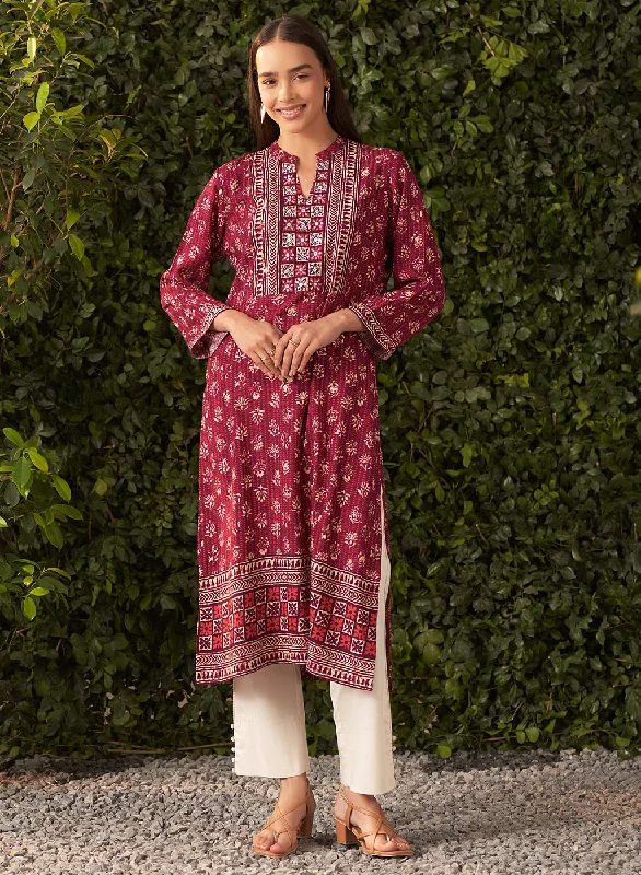 Huge Markdowns Bloom Wine Printed Rayon Kurta for Women