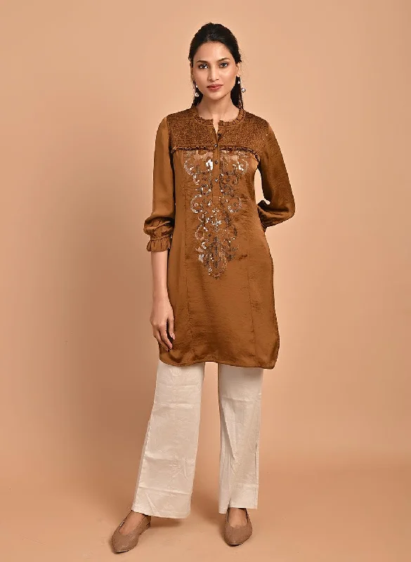 Seasonal Trends Gold Satin Kurti with Sequin Work and Puff Sleeves