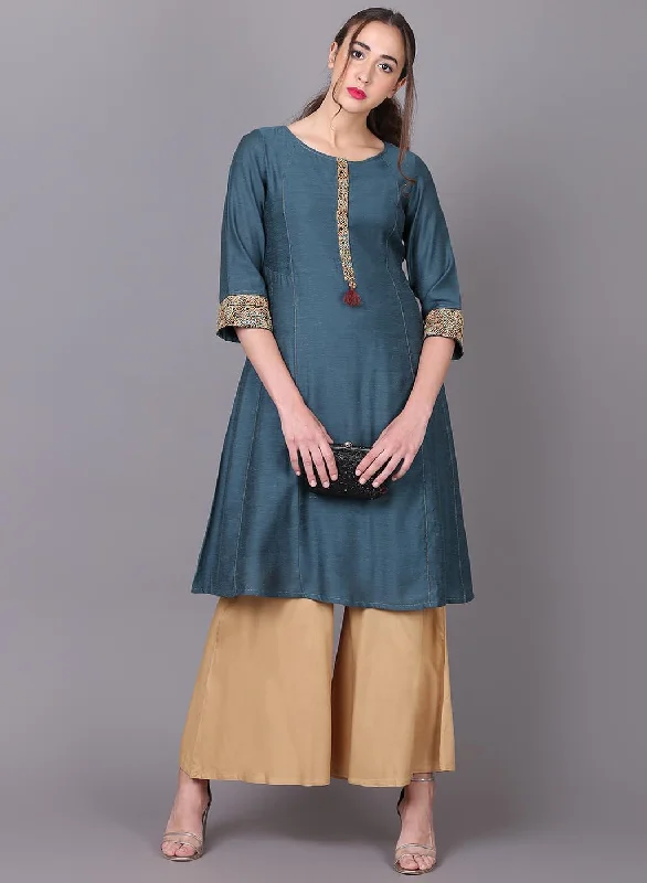 Seasonal Style Discounts Turquoise Long Embroidery Kurti