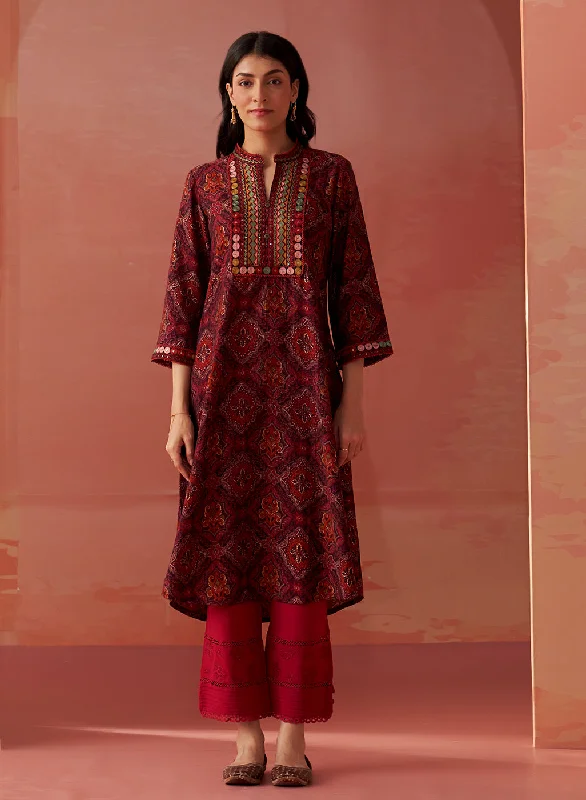 Trendy Threads Samiya Wine Printed Chanderi Kurta