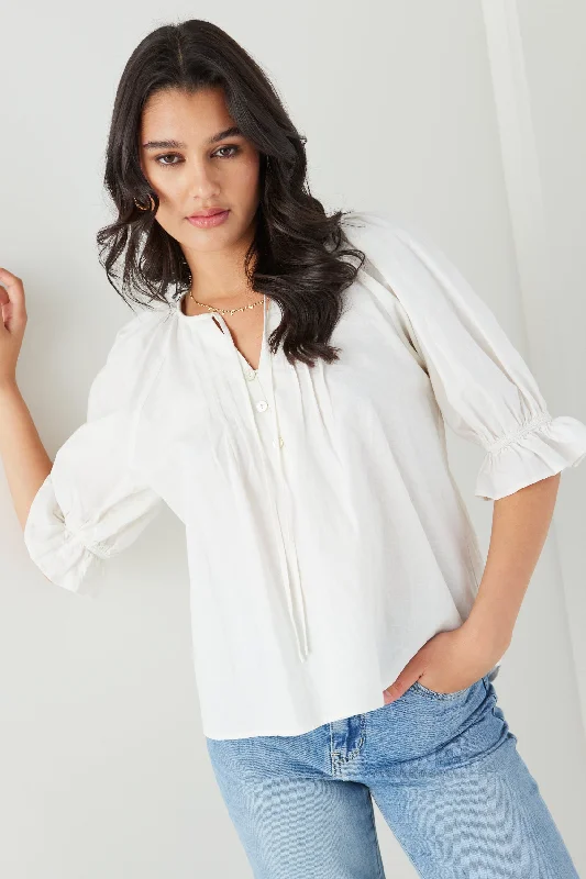 Feminine Luxe Style Sale Frolic White Linen Pintuck Ss Top