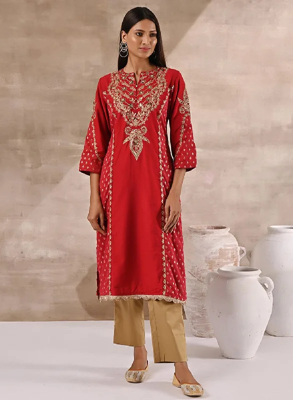 Avant-Garde Style Promotions Red Printed Kurta With Embroidery