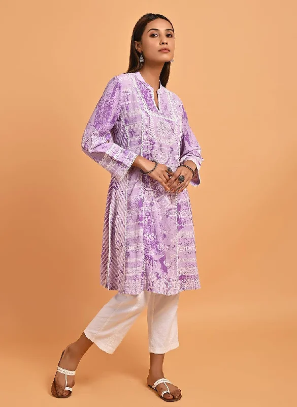 Budget-Friendly Fashion Purple Printed Short Kurti for Women with Lace Detailing