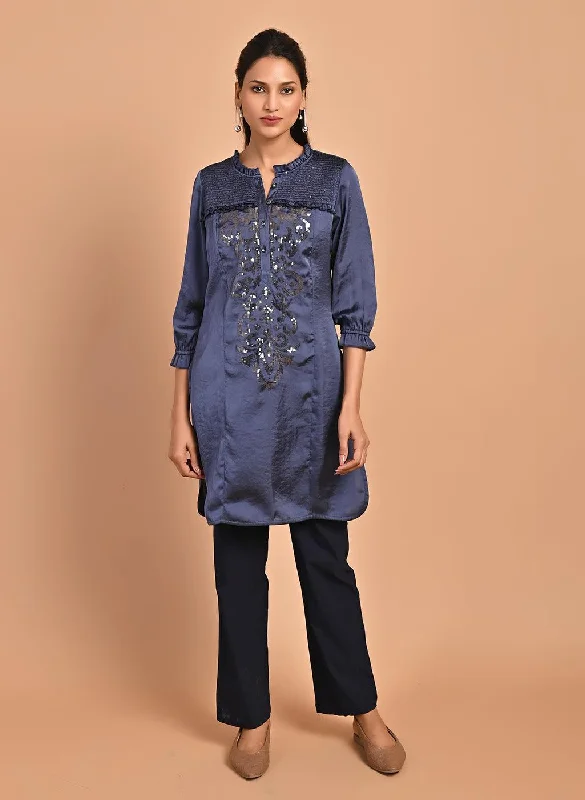 Day-To-Night Styles Navy Blue Satin Kurti with Sequin Work and Puff Sleeves