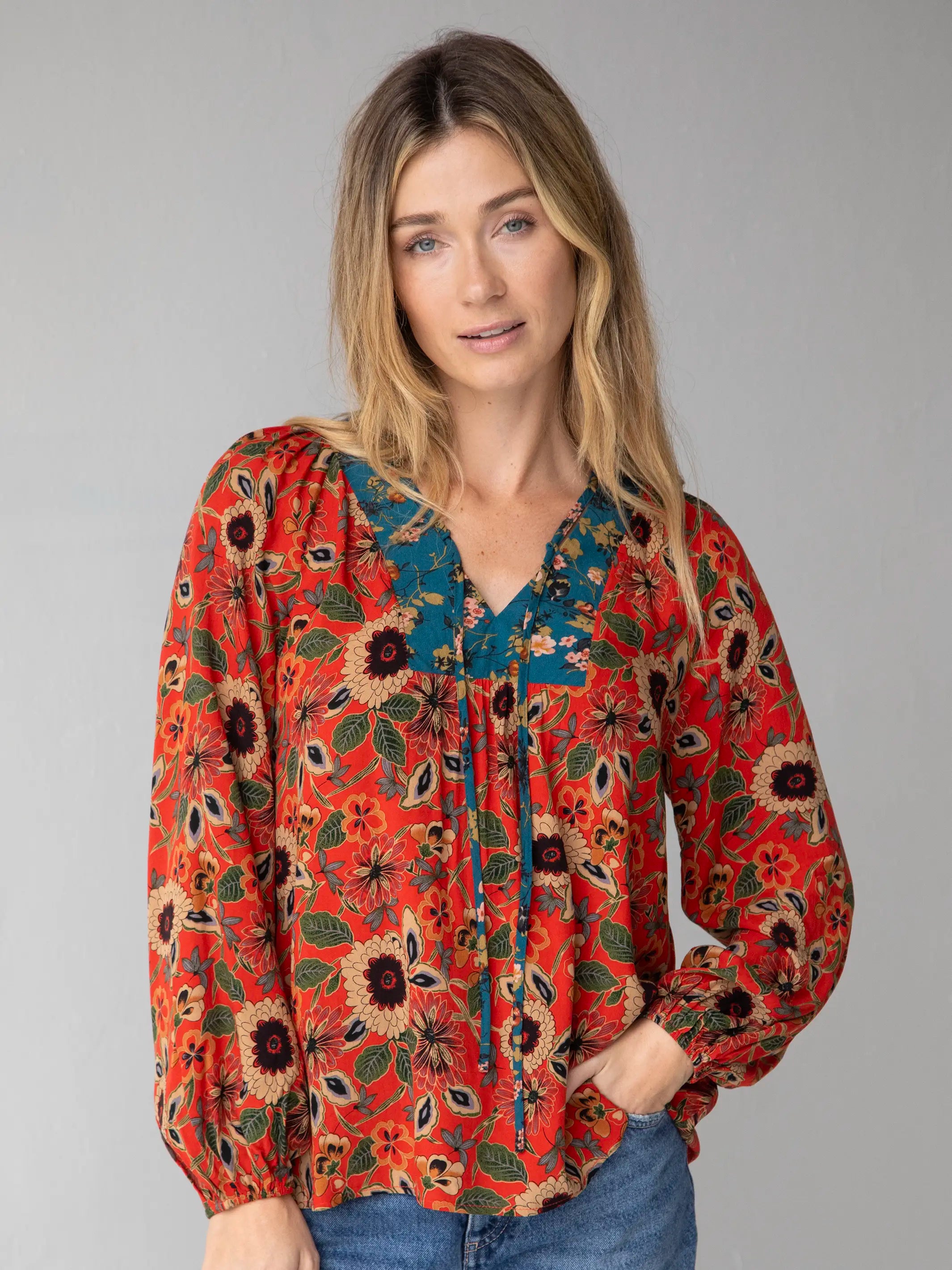 Sustainable Fashion Extravaganza Rowan Top - Teal Orange Mixed Floral