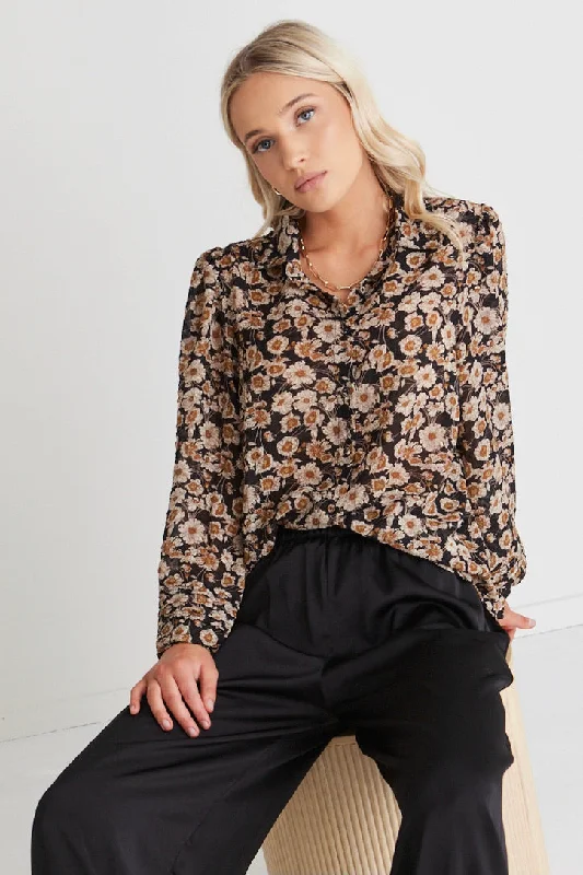 Limited Stock Savvy Black Gold Sheer Puff Sleeve Shirt