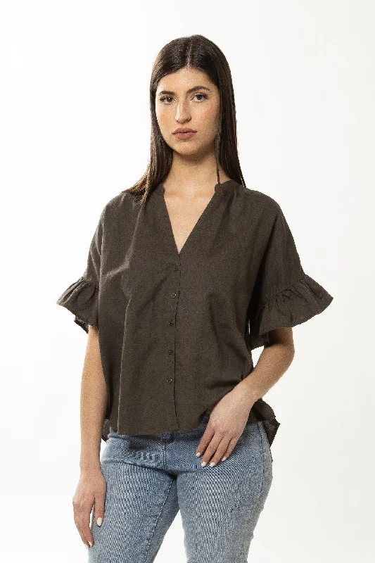 Daring Fashion Promotions Riverstone Olive Linen Ruffle Sleeve Shirt