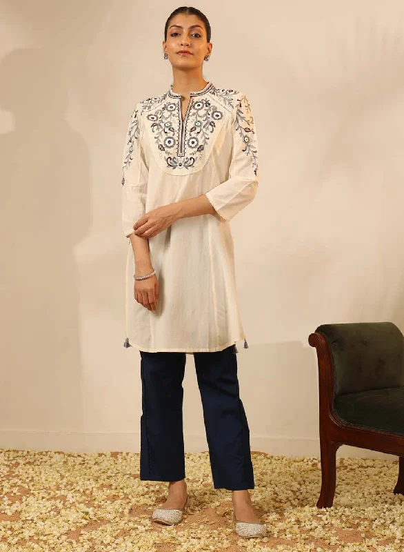 Summer Fashion Ivory Knee-length Embroidered Kurta