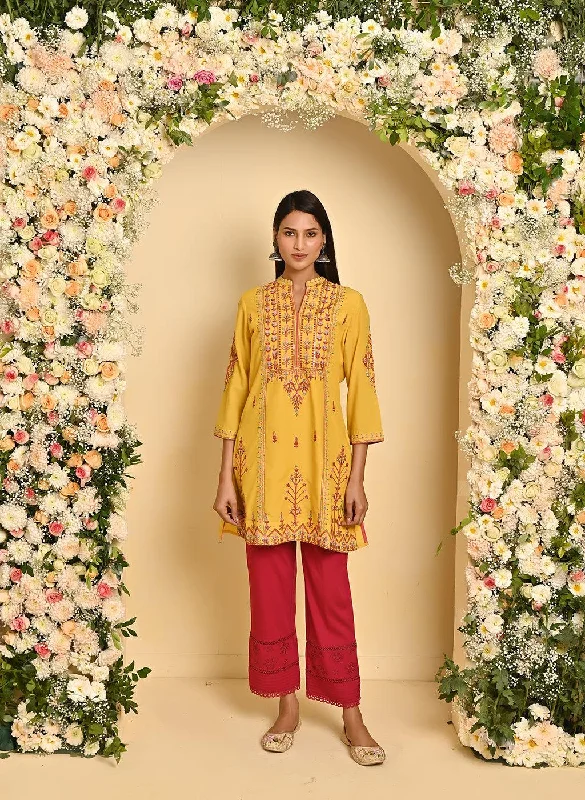 Bold Style Discounts Mustard Embroidered Thigh-length Kurti with 3/4th Sleeves