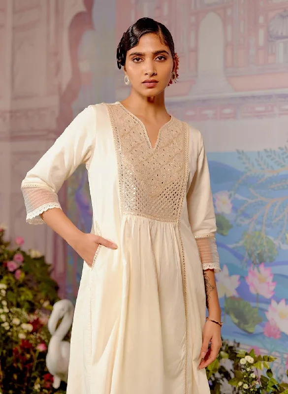 Glamorous Fashion Offers Ivory Knee-length Kurta with Asymmetric Hem and 3/4th Sleeves