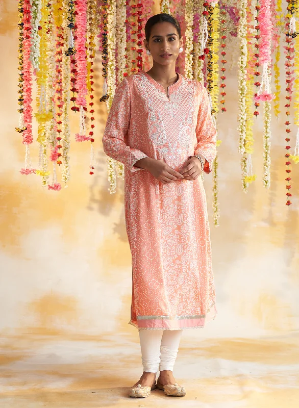 Minimalist Fashion Sale Peach Printed Kurta With Embroidery & Lace