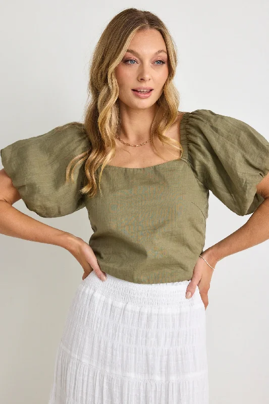 Must-Have Style Discounts Lily Light Khaki Linen Puff Sleeve Top