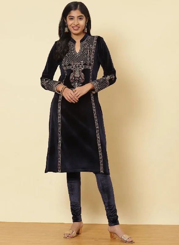 Seasonal Trends Midnight Blue Embroidered Velvet Kurti