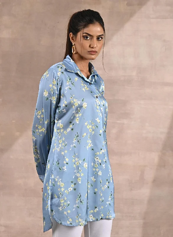 Modish Fashion Discounts Blue Satin Shirt with Floral Print & Round Hem