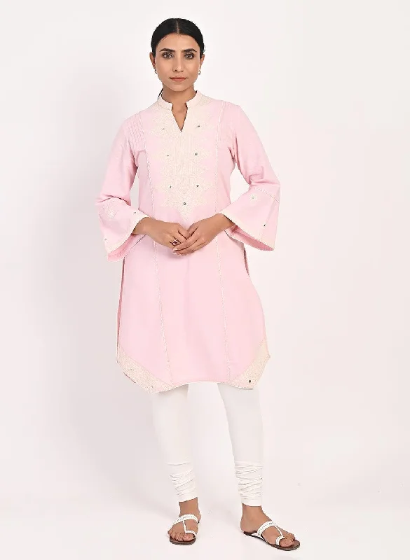 Seasonal Fashion Pink Mid-length Cotton Kurti  for Women with Embroidery