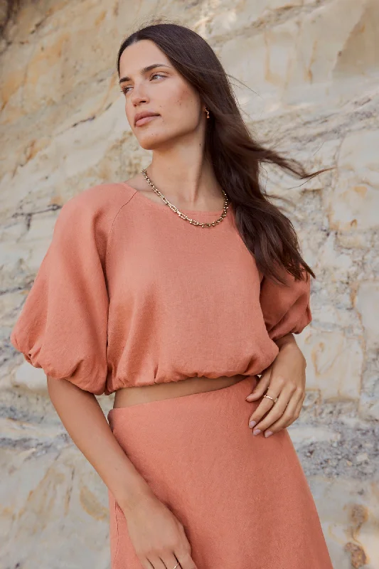 Easy Elegance Sales Matty Terracotta Linen Bubble Sleeve Top