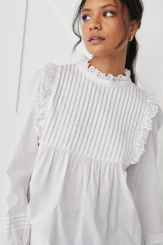 Style Without Limits Opal White Voile Pleat Bodice High Neck Ls Top