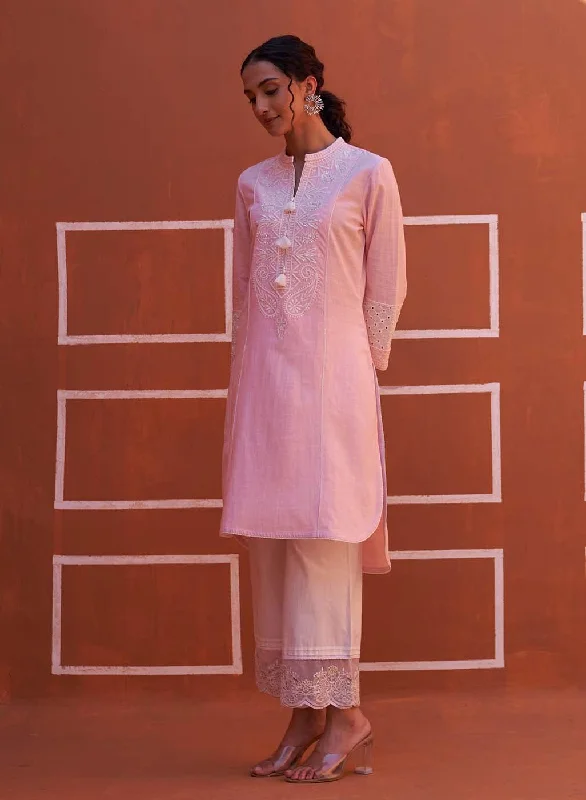 Unleash Your Style Pink Embroidered Kurta with Asymmetric Hem and Schiffili Detailing on the Sleeves