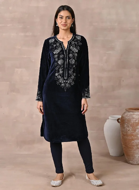 Affordable Trendy Fashion Navy Blue Velvet Kurta with Fine Mirror Beads Work